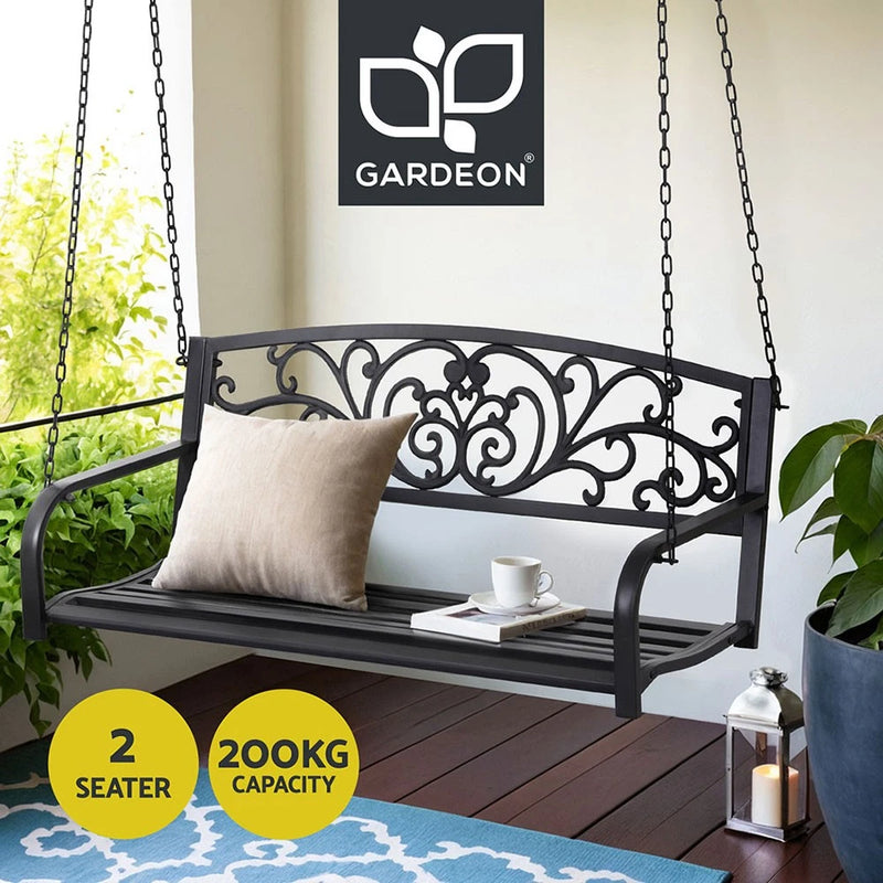 Gardeon Outdoor Porch Swing Chair Patio Furniture Floral Backrest 2 Seater Black